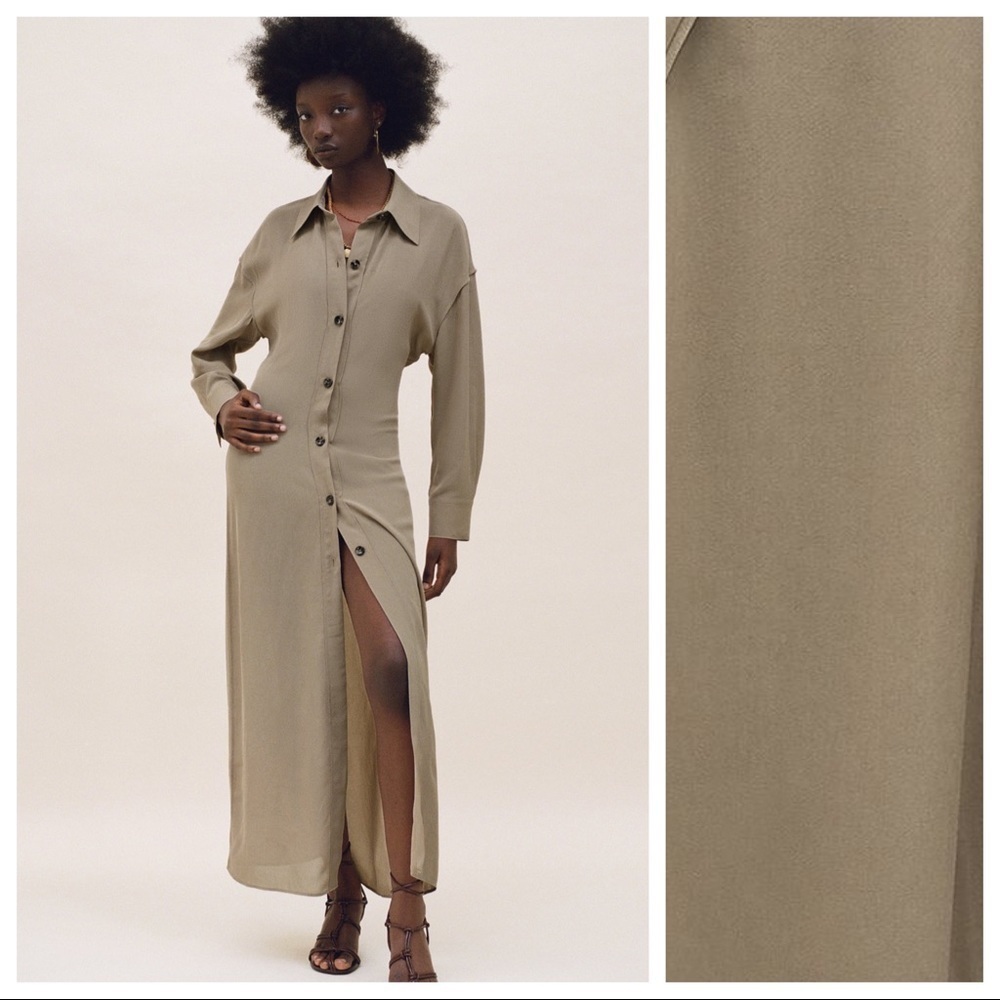 NWT Zara Limited Edition Khaki 100% Viscose Longline Collared Shirt Dress Size S - Picture 3 of 15